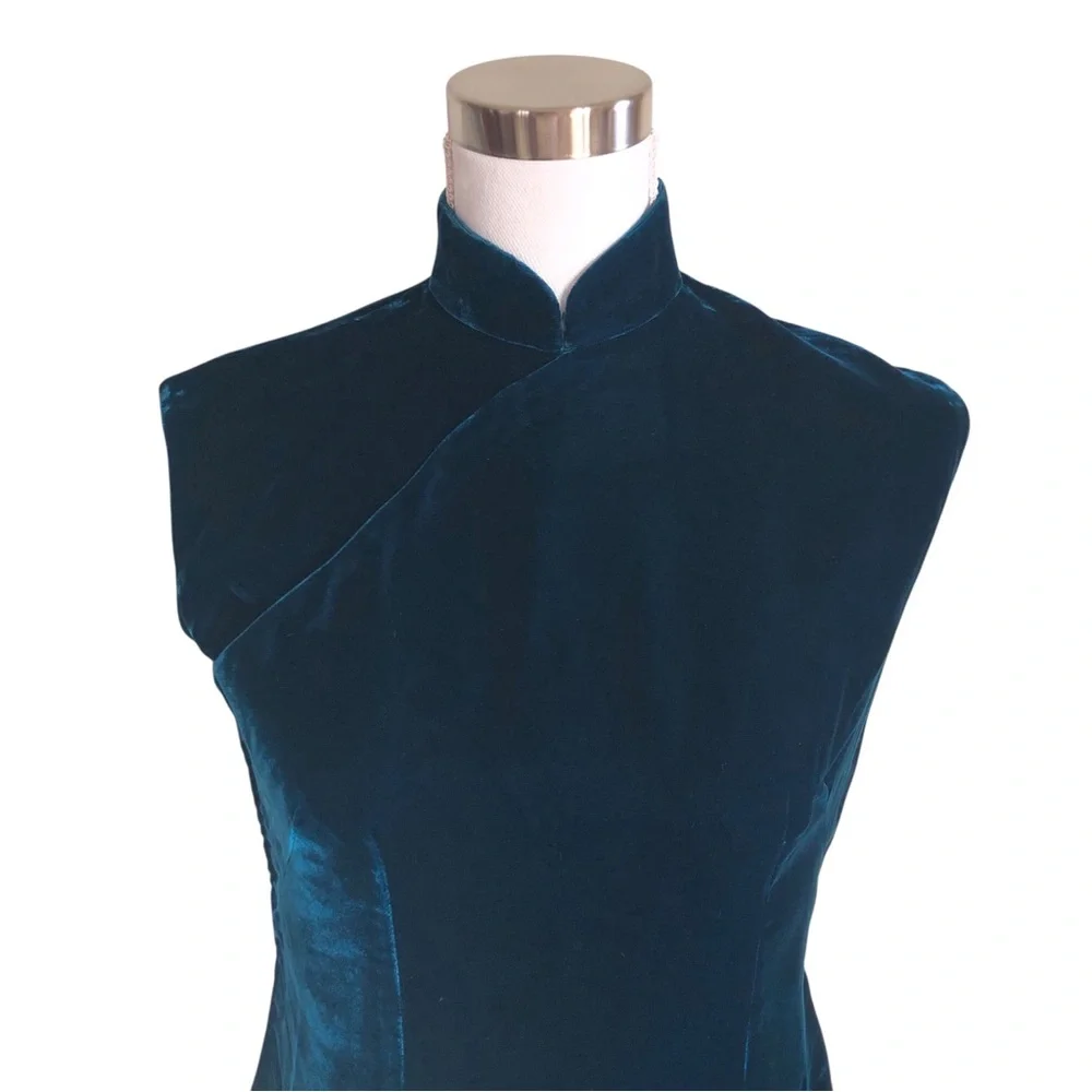VINTAGE 90s Y2K Handmade Teal Velvet Mandarin Collar Sleeveless Mini Dress Small